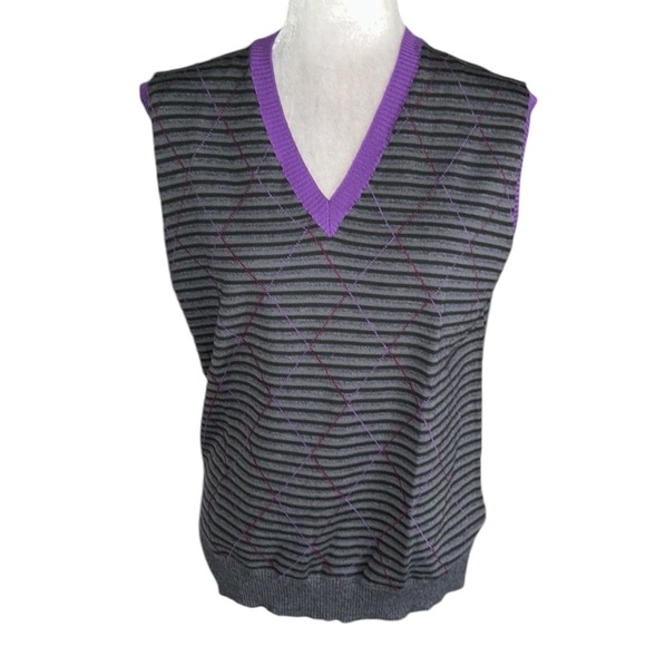 ETRO Milano Gray & Purple Striped Argyle Sleeveless V-Neck Wool Knit Vest - L - Picture 1 of 11